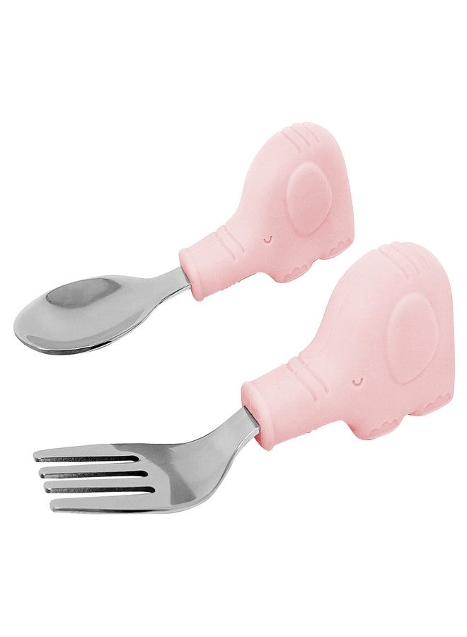 Tiny Twinkle Easy Grip Toddler Utensils Spoon and Fork Set - BPA & Phthalate Free Utensil Sets, Kids Silverware With Silicone Handle, Baby Led Weaning Supplies for 12 Months & Up (Pink Elephant) - Image 1